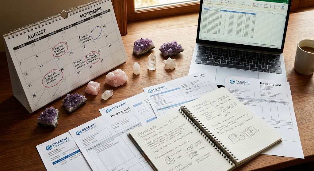 A strategic planning session with crystal samples, a calendar, and shipping documents spread on a desk.