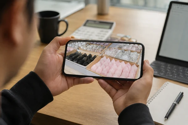 A smartphone screen showing a pre-shipment video of a wholesale crystal shipment for client approval.