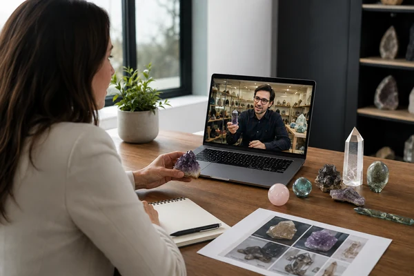 Consulting with a Crystal Manufacturer A person at a desk reviewing crystal samples with a supplier on a laptop screen.