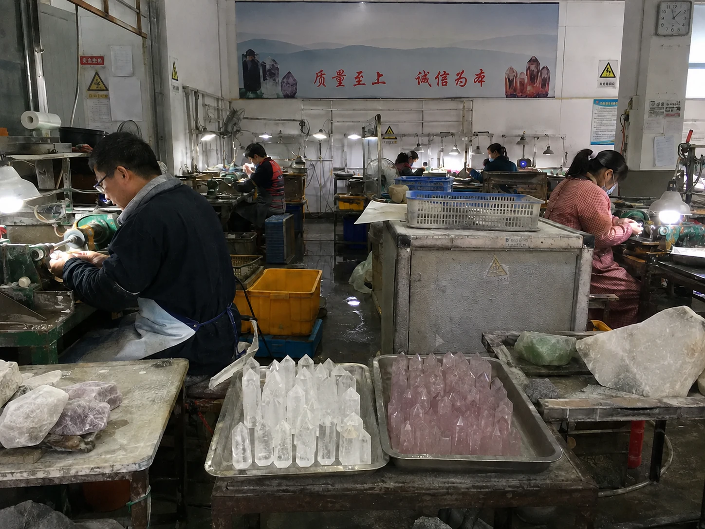 An inside view of a crystal carving workshop in China.