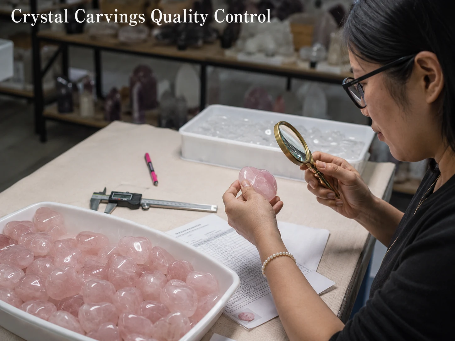 A quality control inspector examining wholesale crystal hearts for defects.