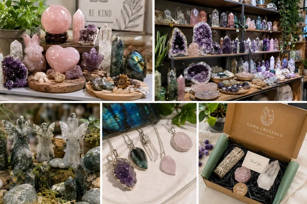 A happy customer in a well-branded crystal shop, showing the commercial payoff of building a strong brand.
