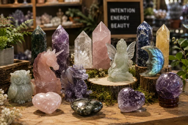 A generic display of common crystal points and tumbles representing a lack of a cohesive brand for a crystal shop.