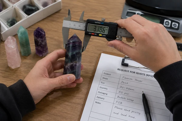 A person using digital calipers to measure a wholesale crystal tower for a detailed quote