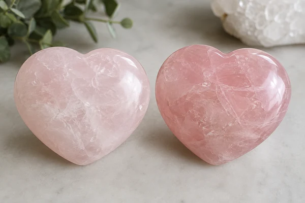 Comparing two rose quartz hearts from the same batch to show natural variation in a wholesale crystal shipment.