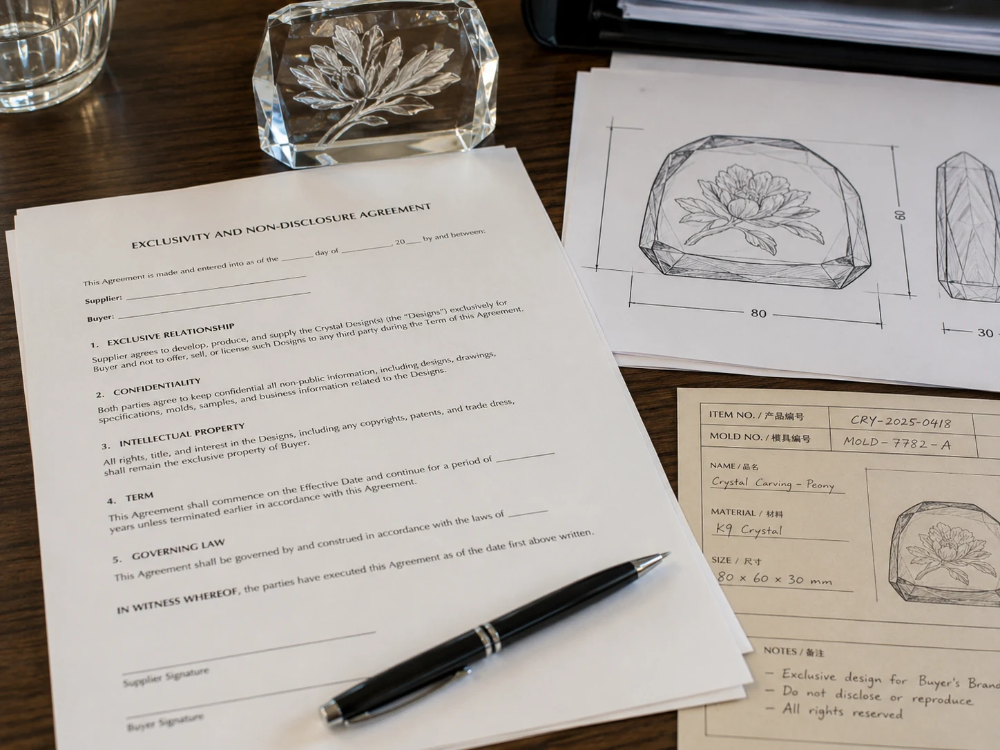 A contract for an exclusive mold design for crystal carvings.