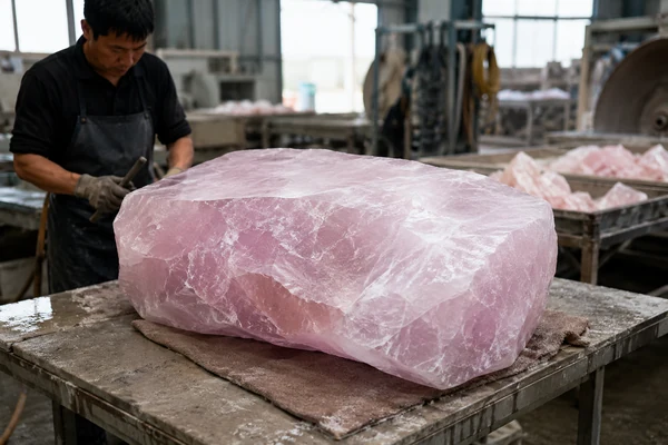 A large block of raw rose quartz being prepared for the crystal carving production process.