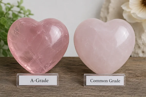 Side-by-side comparison of A-grade deep pink rose quartz and common-grade pale rose quartz