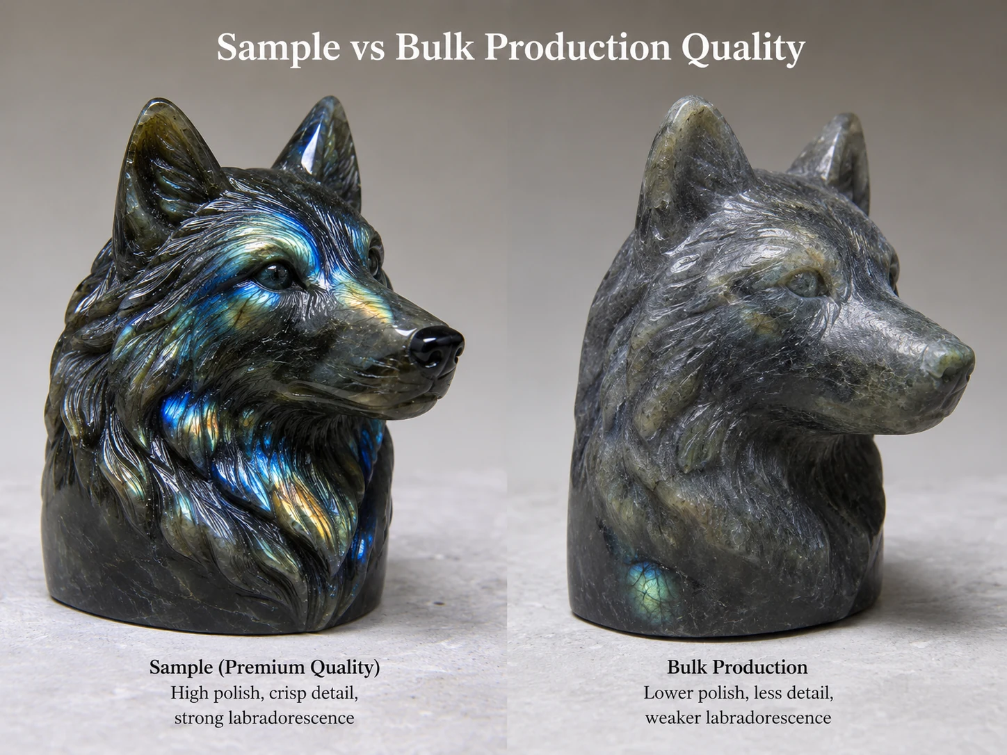 A side-by-side comparison of a detailed sample and a mass-produced crystal carving.