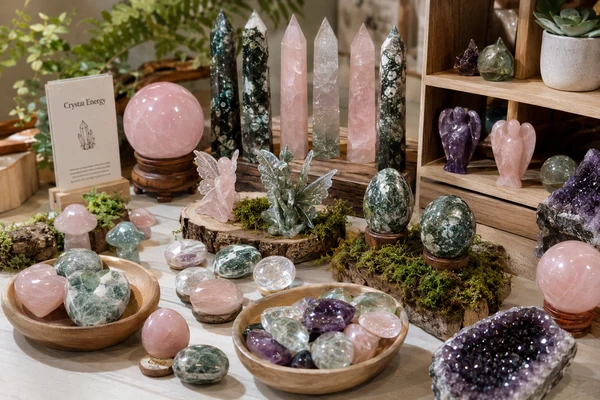 A thematically curated crystal collection featuring moss agate and fairy carvings, an example of building a unique brand for a crystal shop.