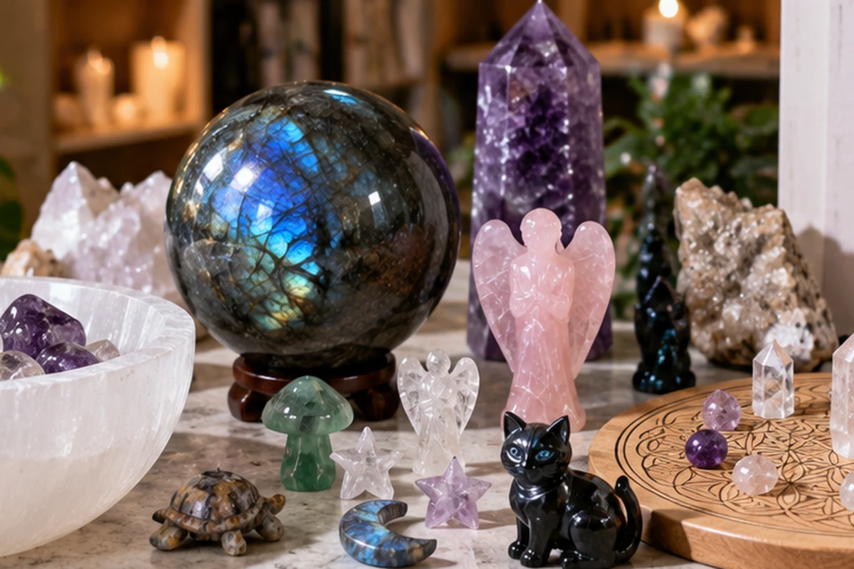 A collection of 2026 crystal product trends including a selenite bowl, a UV-reactive sphere, and micro-carvings for metaphysical shops.