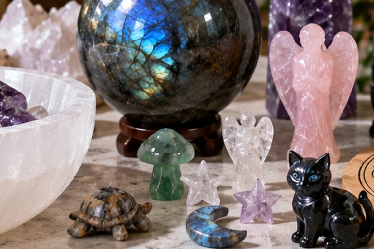 A colorful scoop of crystal confetti filled with tiny crystal mushrooms and stars, a profitable impulse buy for metaphysical shops.