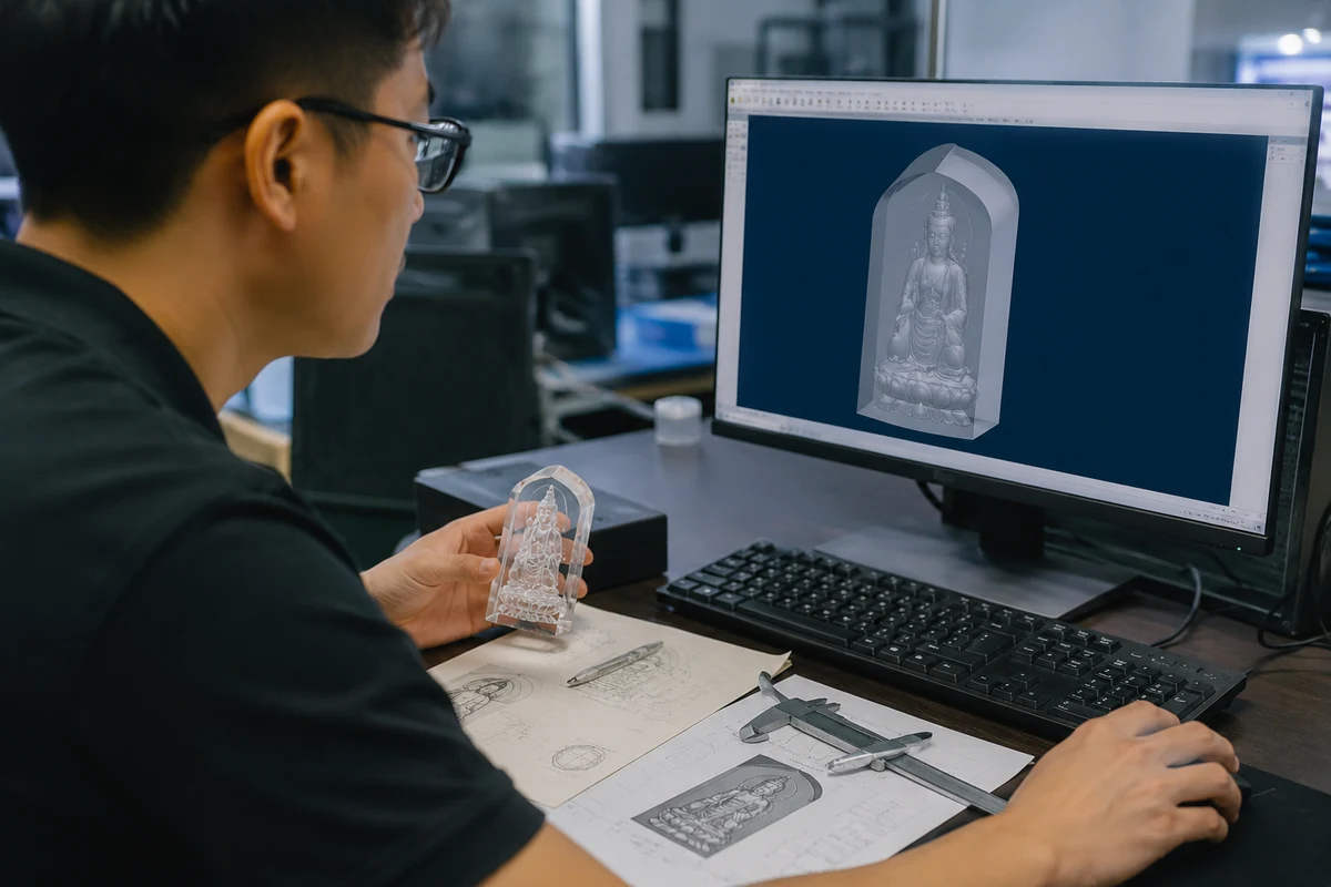A designer reviewing a 3D CAD model of a custom crystal carving on a computer screen before production.