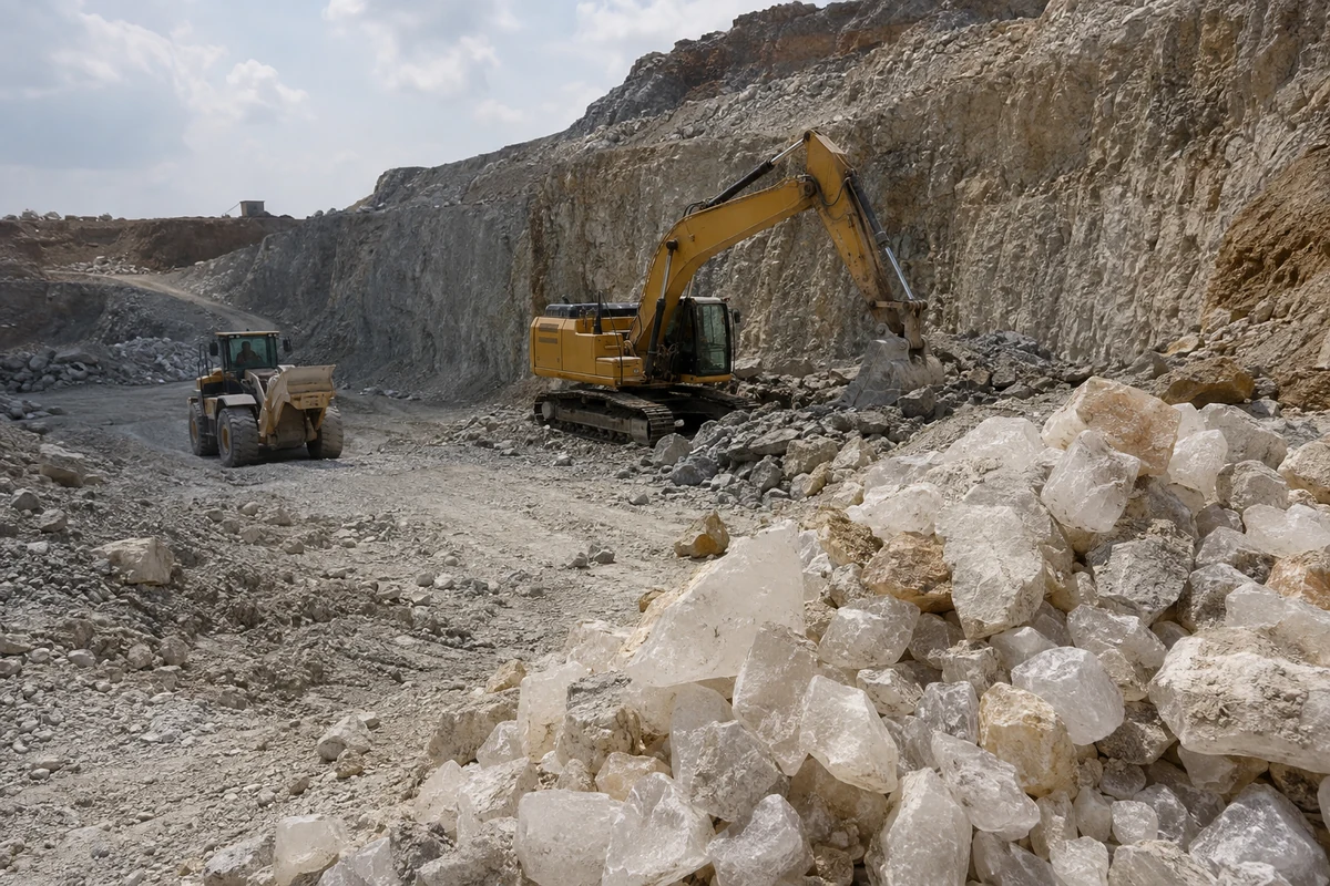 A rugged, open-pit mine with heavy machinery, illustrating the source of raw crystal materials.