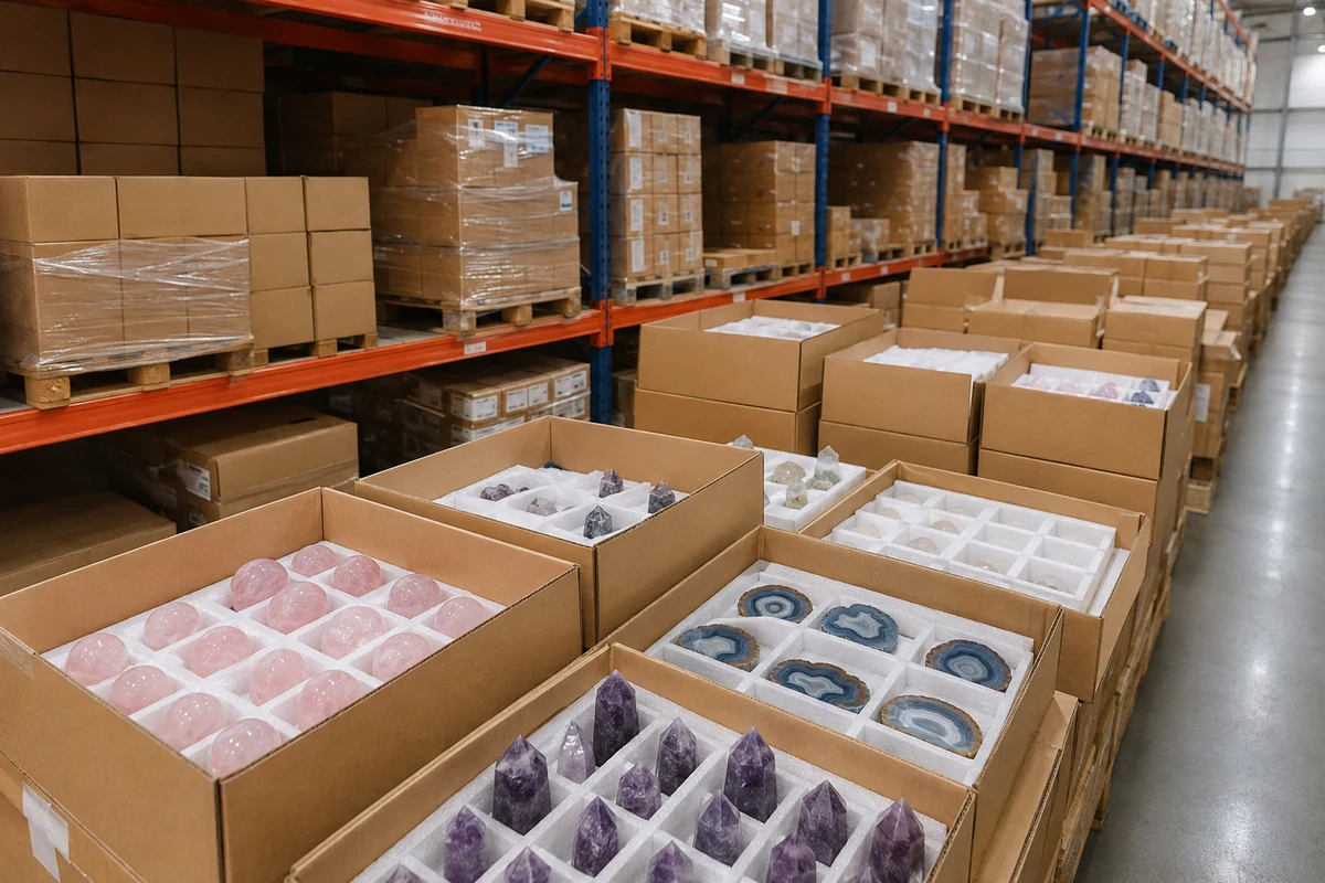 An organized warehouse aisle filled with shelves of boxed wholesale crystal carvings ready for shipment.