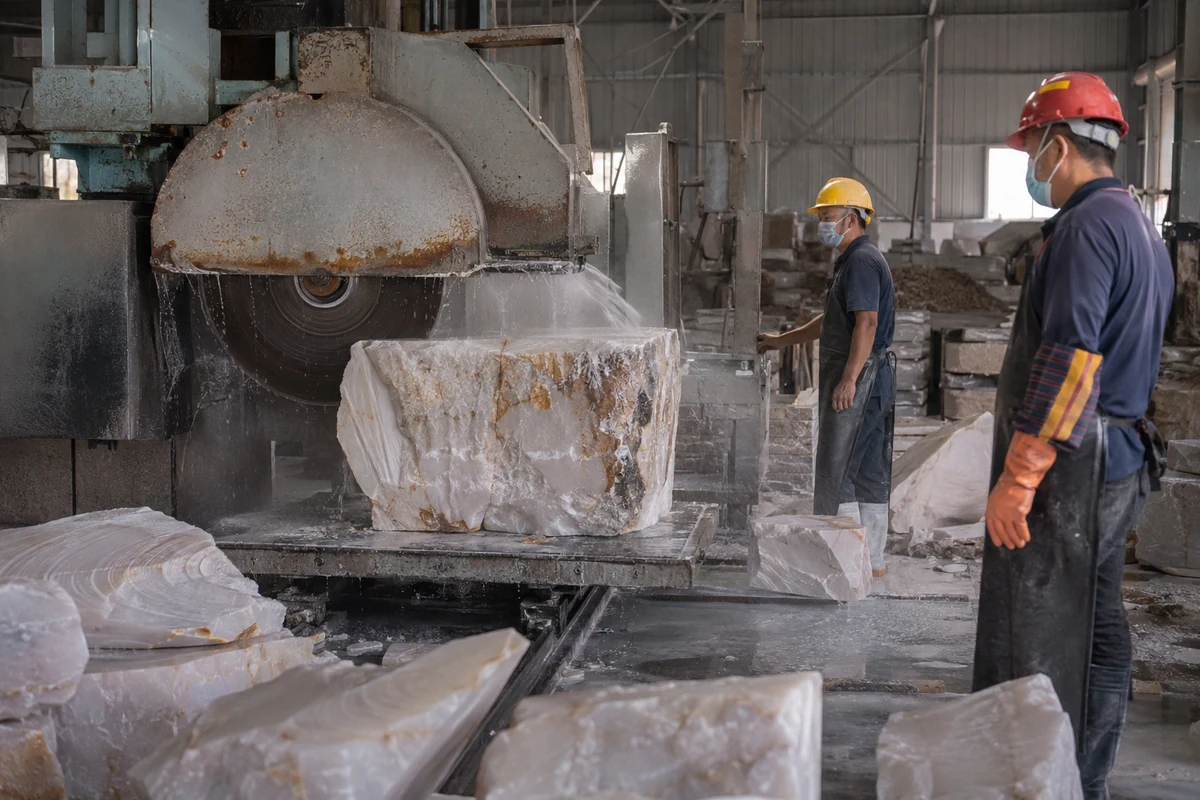 A factory floor with large saws cutting massive raw stone blocks into smaller, manageable slabs for carving.