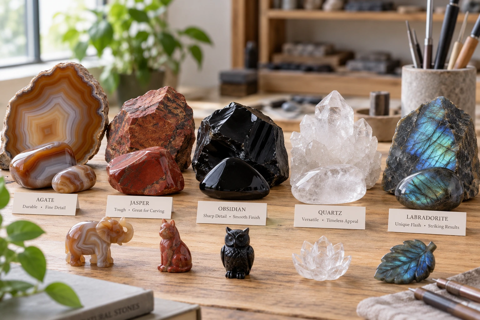 Best gemstones for carving selection guide with agate, jasper, obsidian, quartz and labradorite