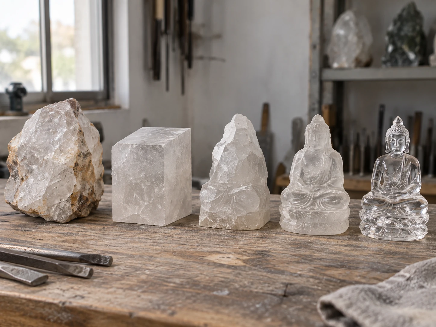Crystal Carving Production Process Diagram showing the production flow from raw stone to polished crystal carving