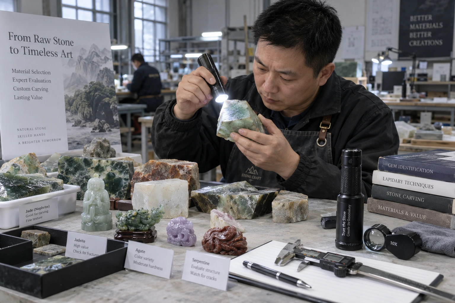 Evaluating gemstones for custom carving in a crystal carving workshop