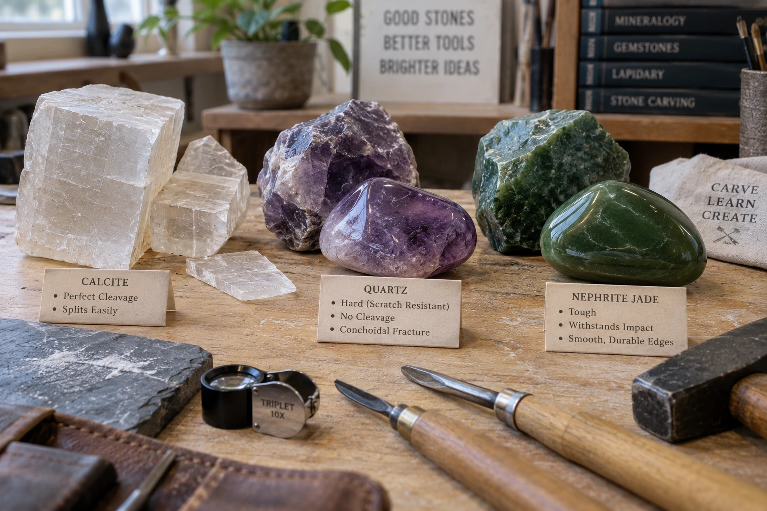 Mineral hardness versus toughness in carving with calcite, quartz and nephrite jade