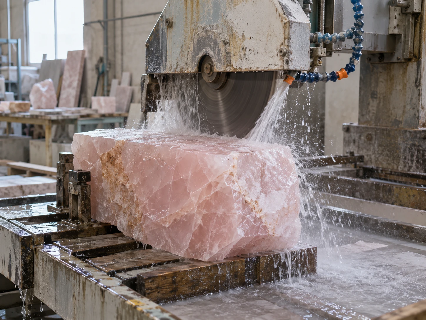 CNC Rough Shaping of Crystals A CNC machine precisely cutting hexagonal blanks for crystal towers from a slab of clear quartz