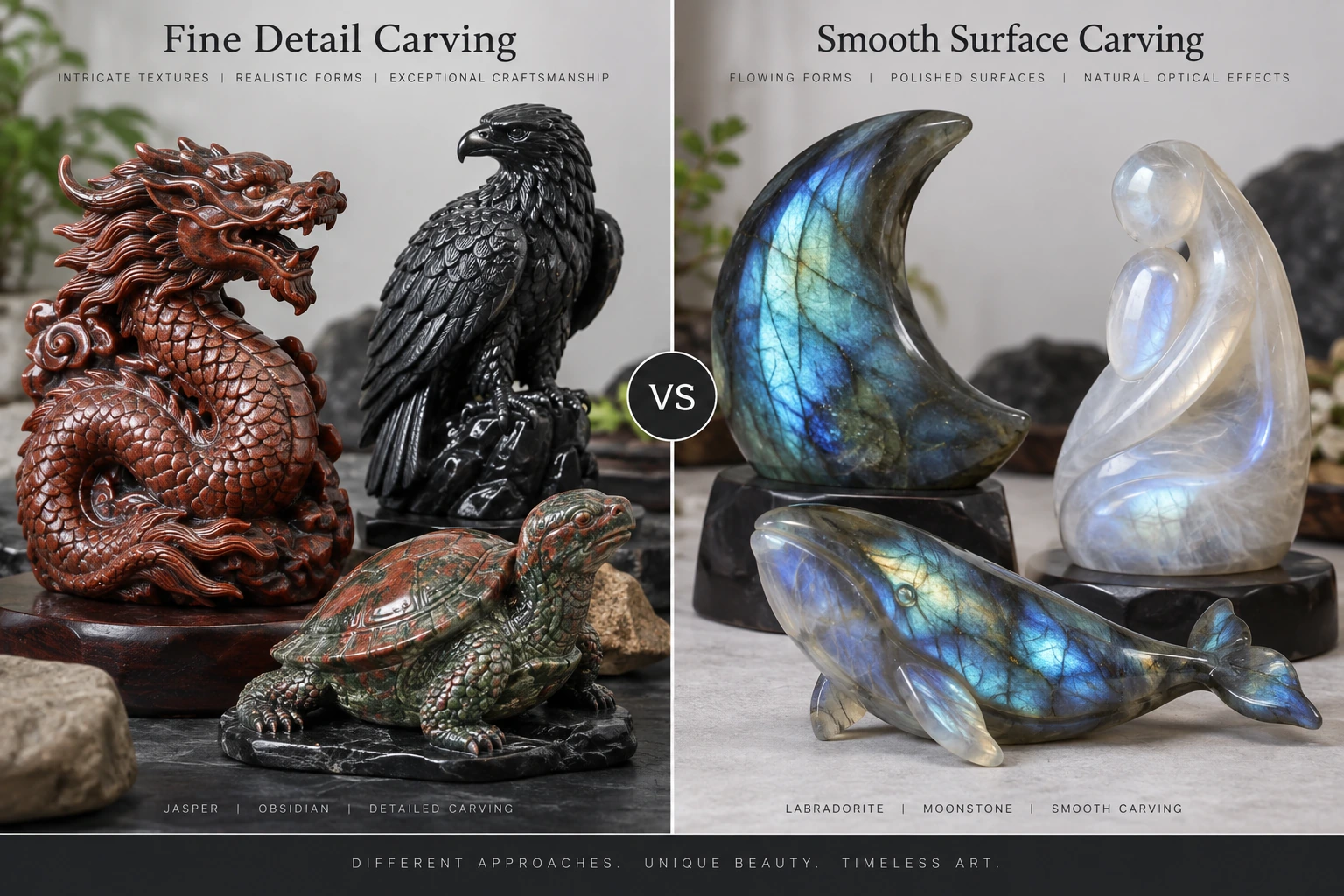 Fine detail carving vs smooth surface carving comparison in gemstone art