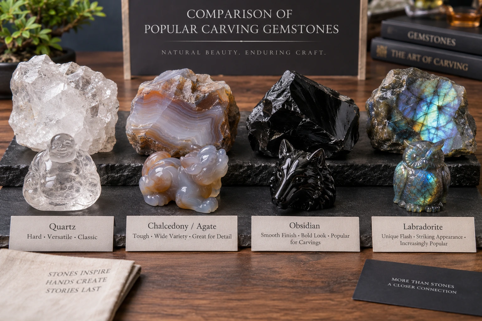 Comparison of popular carving gemstones including quartz, chalcedony, obsidian and labradorite