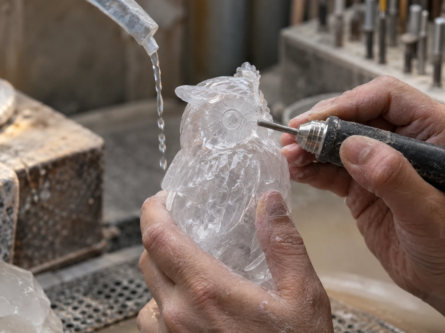 Hand-Carving Crystal Details An artisan's hands carefully using a water-cooled rotary tool to carve the details on a crystal skull