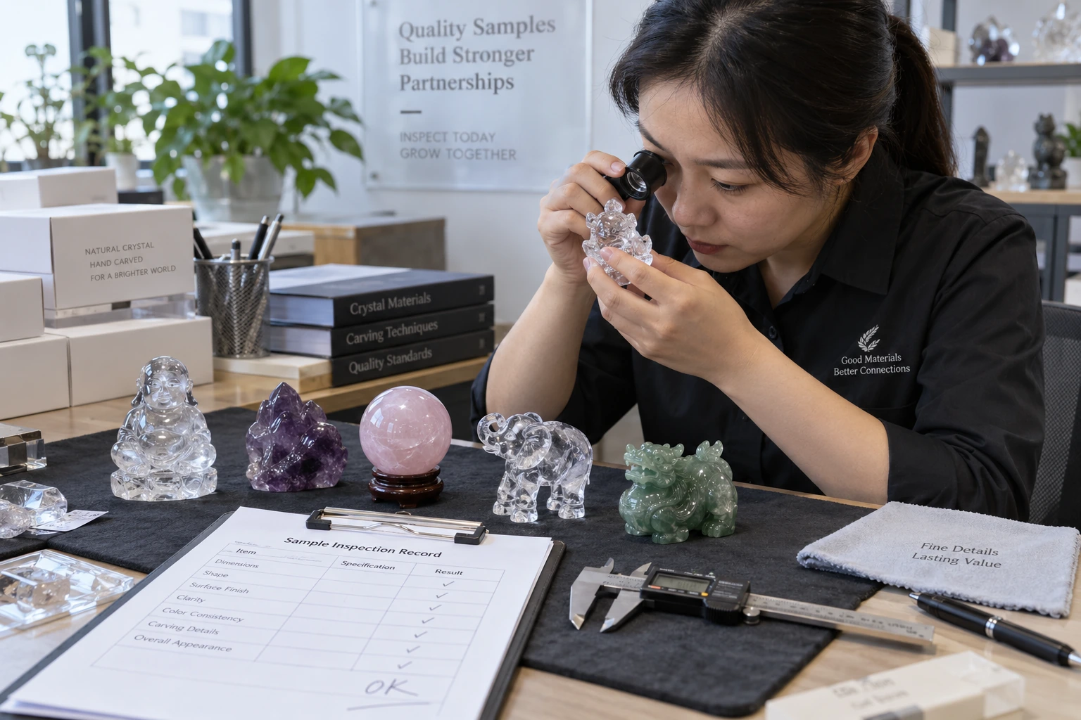Quality control inspection for custom crystal carving samples