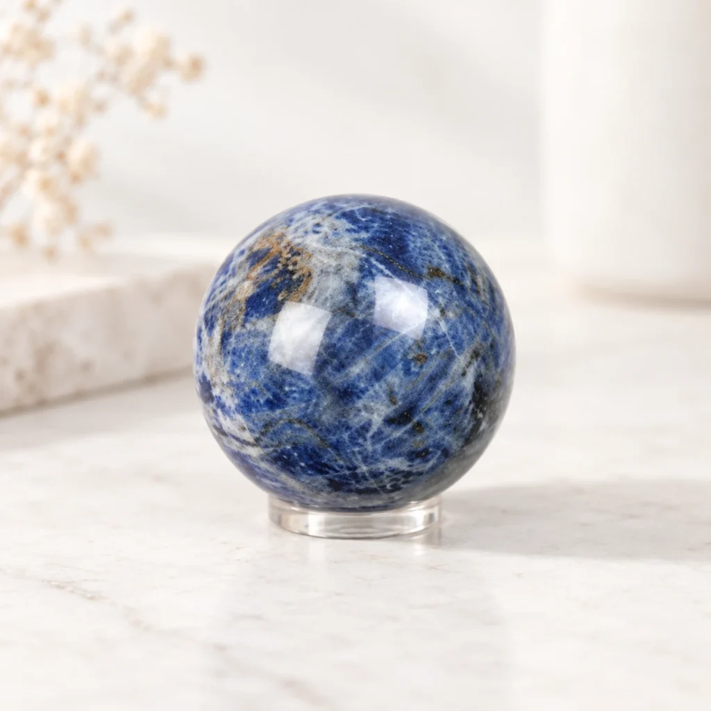 Polished Blue Lace Agate crystal sphere with blue and white natural banding on a light minimalist tabletop.