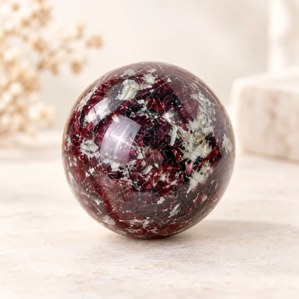 Eudialyte crystal sphere with deep red black and gray natural mineral patterns on a light minimalist tabletop.