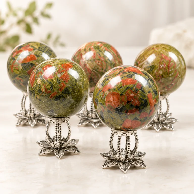 Green Jade crystal spheres with green and red natural patterns displayed on silver lotus stands.