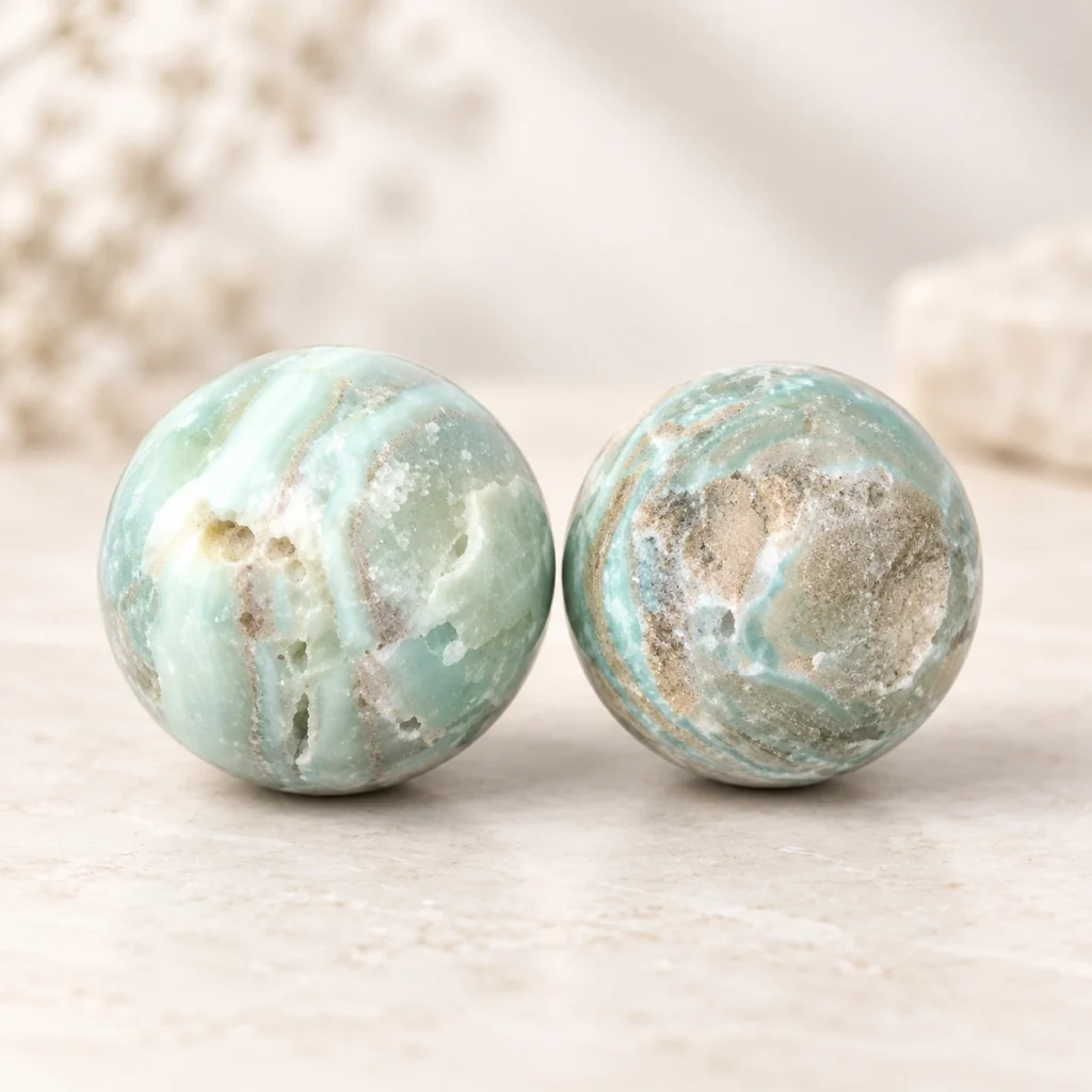 Two pale aqua crystal spheres with natural banding on a soft beige background