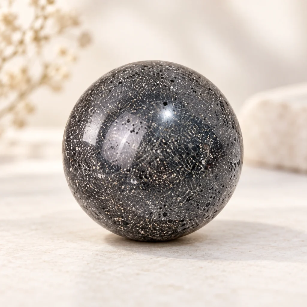 Dark gray glitter stone sphere on a soft beige background