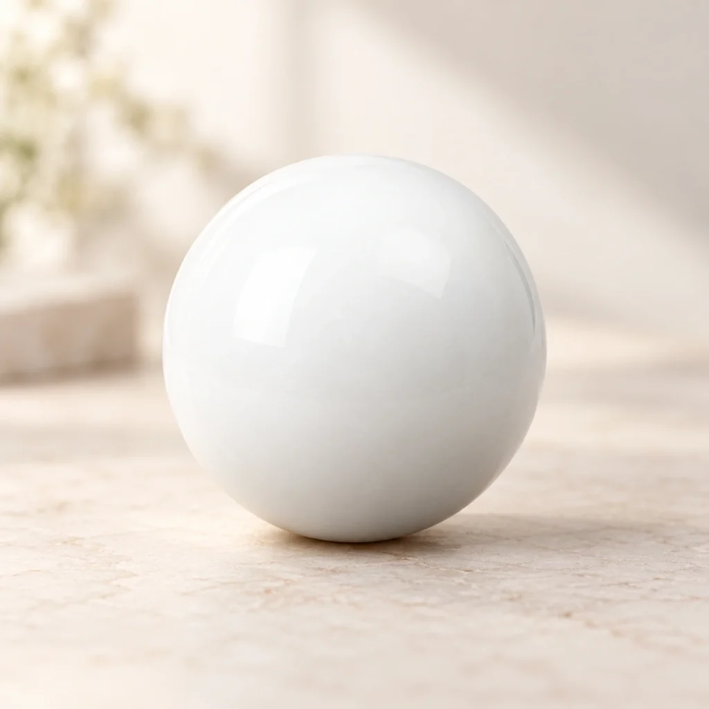 Solid white polished crystal sphere on a soft beige background