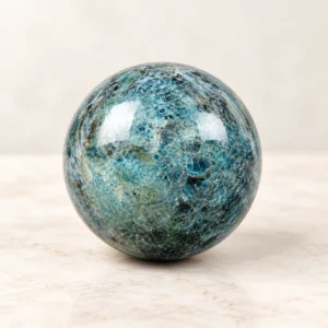 Ruby Kyanite Fuchsite crystal sphere with blue-green and dark natural mineral patterns on a light tabletop.
