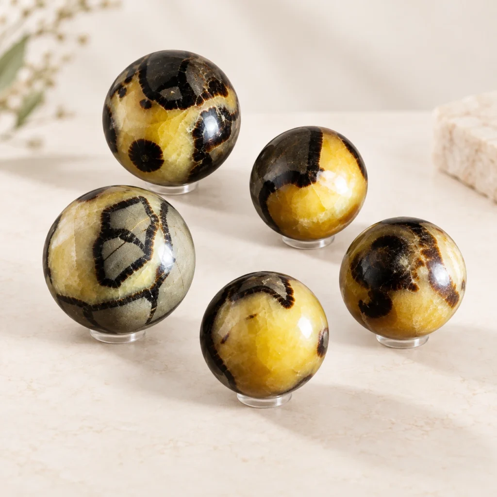 Turtle Shell Jasper crystal spheres with yellow, brown, and black natural patterns on a light minimalist tabletop.