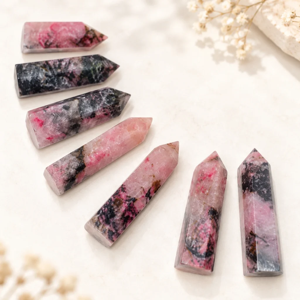 Pink and black patterned crystal point towers arranged in a fan display on a light background.