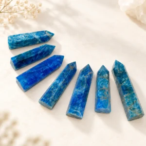 Blue crystal point towers arranged in a curved arc on a light tabletop with simple natural decor.