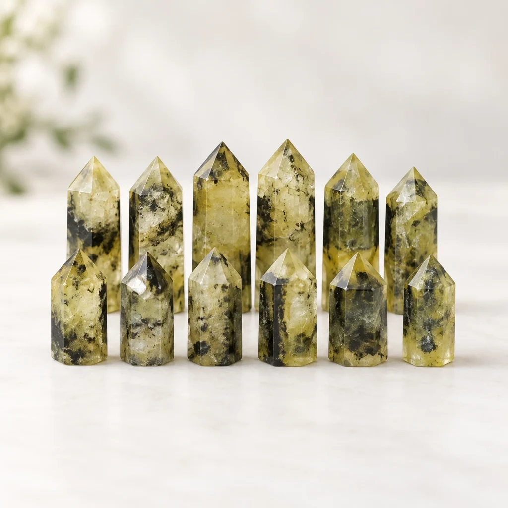 Wholesale yellow-green crystal point towers arranged in a clean product photography scene on a light neutral background.