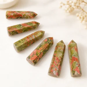 Fan-shaped arrangement of green and pink patterned crystal towers in a bright clean product shot.