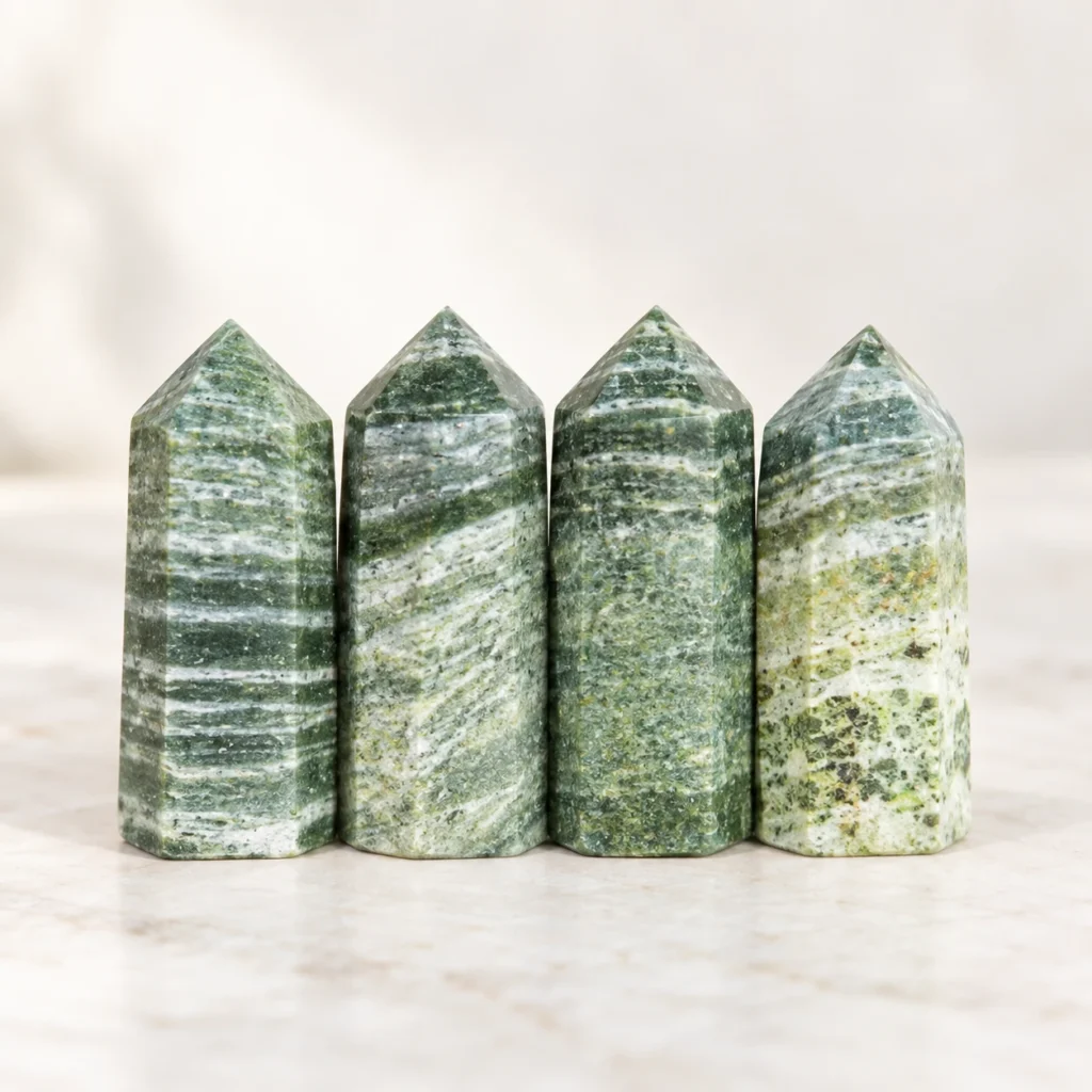 Four green striped quartz crystal towers displayed in a minimalist lifestyle product scene.