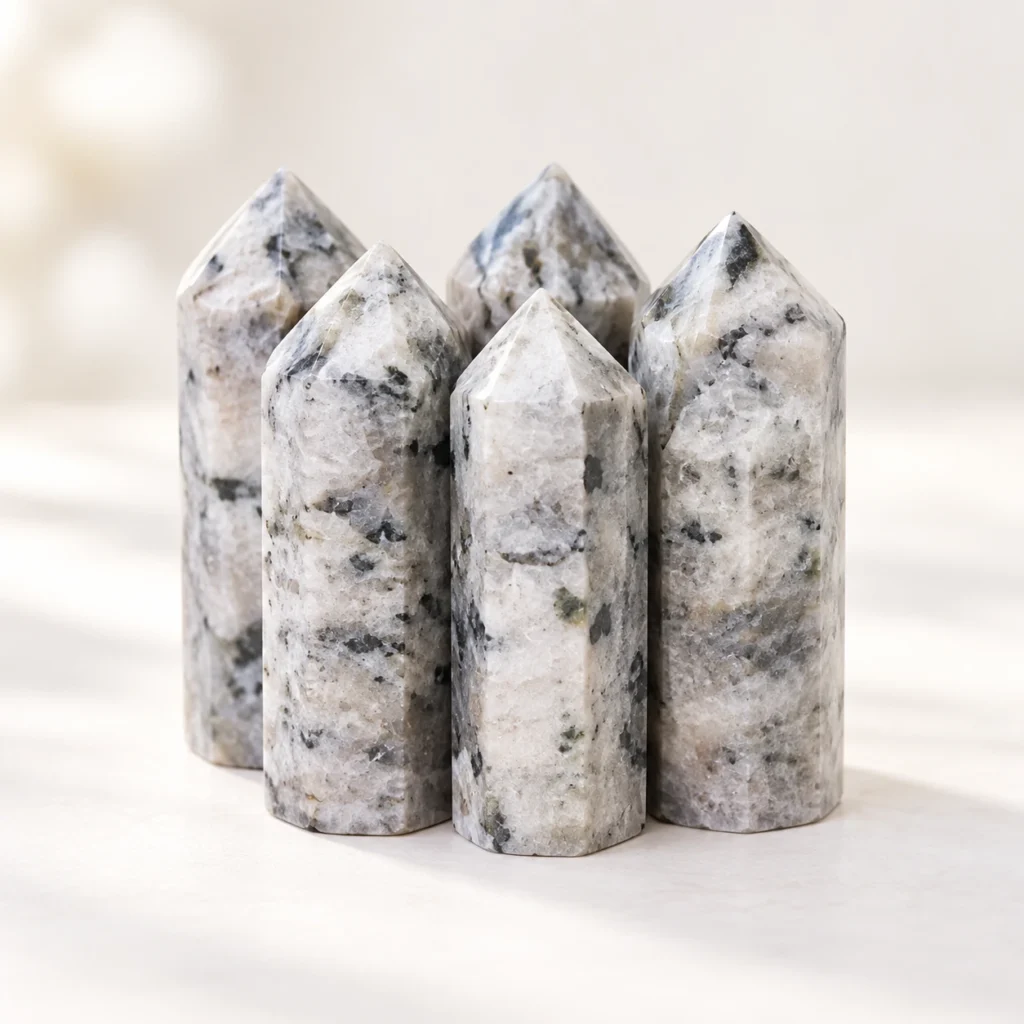 Five patterned crystal point towers standing together in a clean studio-style product composition.