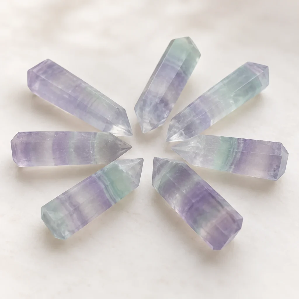 Seven purple and green fluorite crystal towers arranged in a radial fan layout for product display.