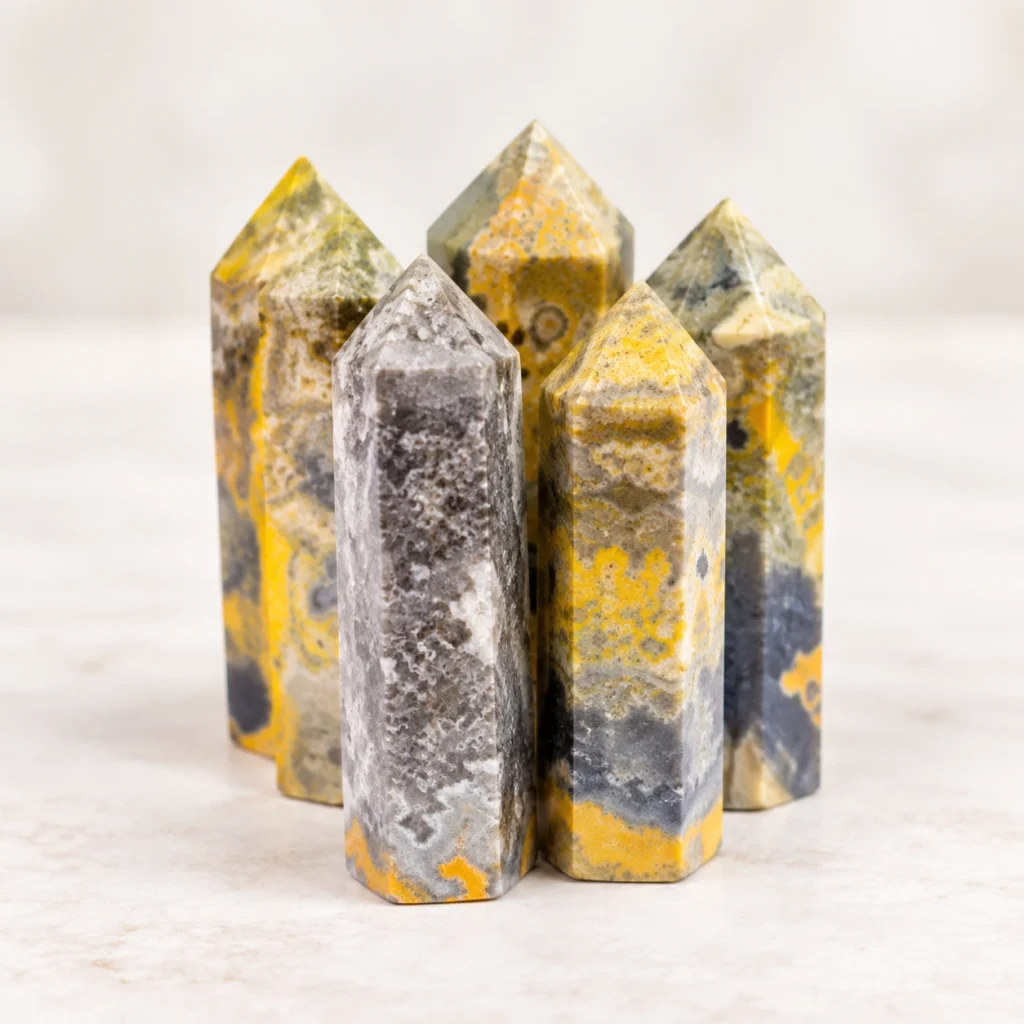 Cluster of polished crystal point towers in soft neutral lighting for ecommerce product presentation.