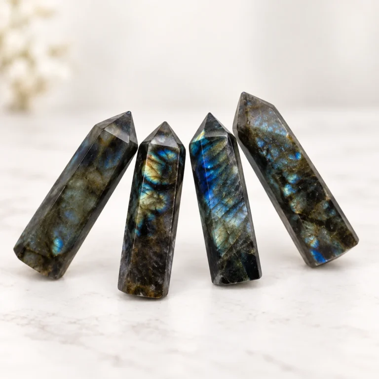 Four rainbow moonstone crystal towers displayed in a clean tabletop scene with soft natural light.