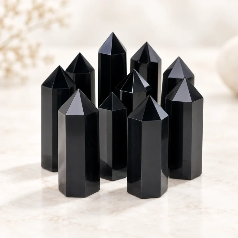 Black obsidian crystal tower points grouped in a clean studio product photo