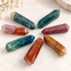 Mixed-color crystal tower points arranged in a starburst flat lay product image