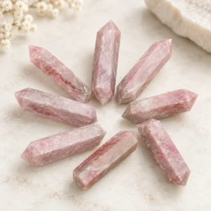 Pink crystal tower points arranged radially on a reflective background