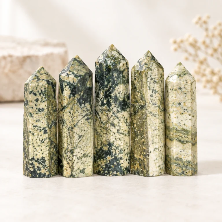 Green and cream moss-pattern crystal tower points displayed in a product shot